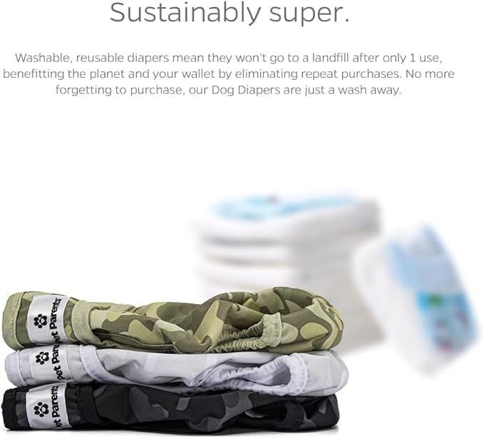 Pet Parents® Washable Dog Diapers (3pack) + Extendrs® of Durable Doggie Diapers, Premium Dog Diapers Female & Male (X-Small, Camo)