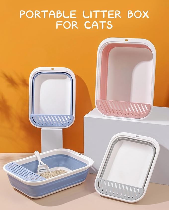 BNOSDM Senior Cat Litter Box Low Entry Kittens Travel Litter Box with Scoop Open Collapsible Shallow Cats Potty Pan Foldable Pet Toilet for Sick Disabled Older Elderly Cats Blue