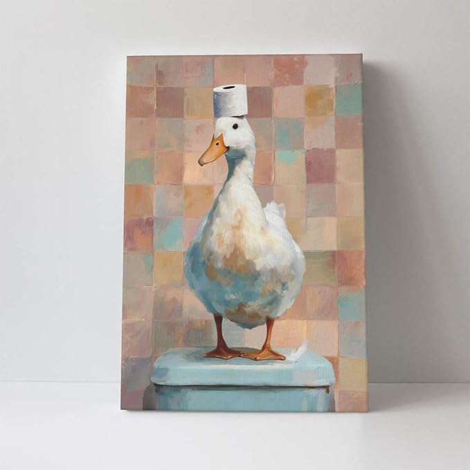 Funny Duck Bathroom Wall Art Cute Duck on Toilet Canvas Wall Decor Funny Quirky Farm Animal Pictures Painting Print Framed Artwork Decorations Gifts for Bathroom 16"x24"