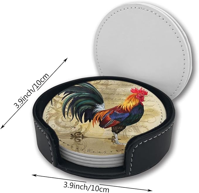Vintage Rooster Coasters for Drinks with Holder Leather Coasters Set of 6 Table Decor Protect Furniture from Water Marks Scratch and Damage