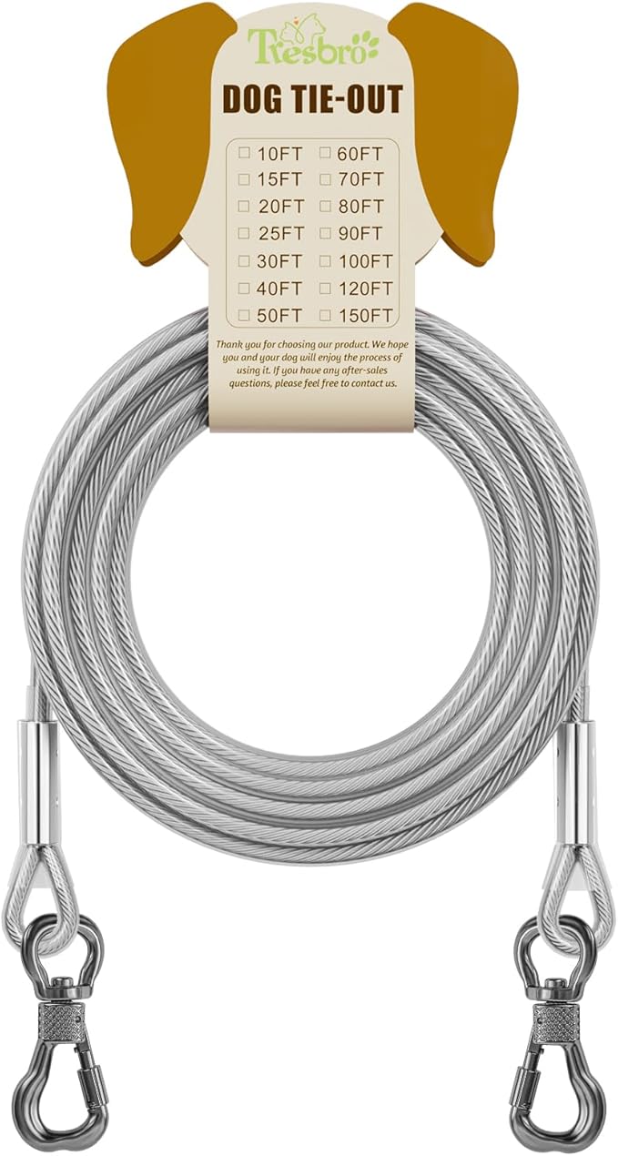 Tresbro 15FT Reflective Tie Out Cable for Dogs Up to 250 Pounds, Steel Wire Lead Leash Cable with Stainless Dual Fix Buckle, Lightweight and Enduring, Dog Chains Outside for Outdoor,Yard,Camping