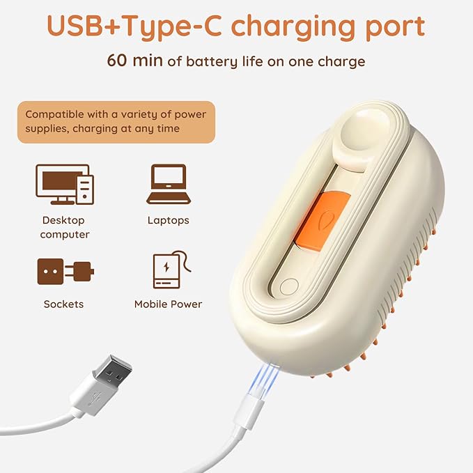 GKZ Cat Steam Brush, 3 in 1 Pet Comb for Massage, Cleaning, Shedding and Combing, Electric Mist to Prevent Flyaways for Home, Dogs and Cat Lovers - Khaki