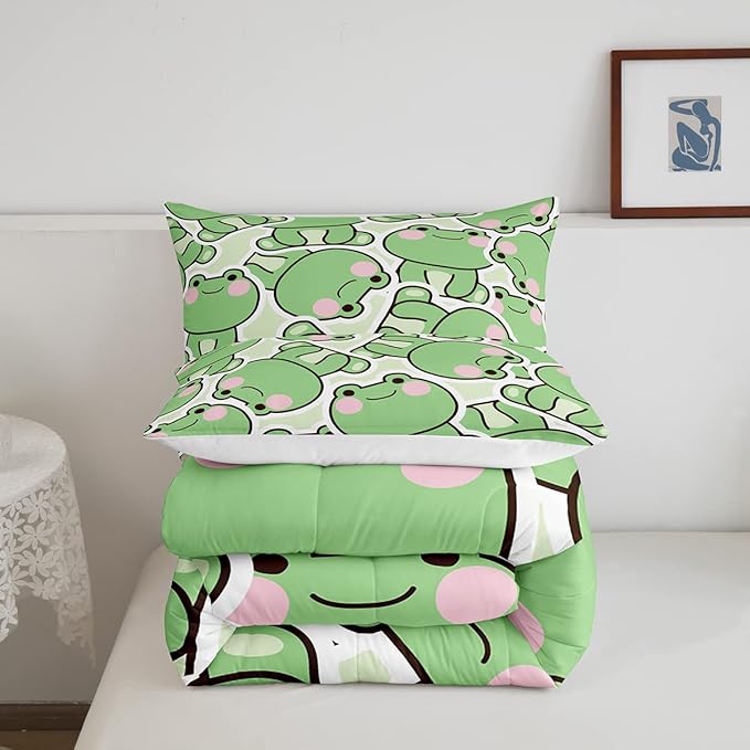 Frog Comforter Set Twin Size, Cartoon Frog Bedding Set For Kids Boys Girls Teens, Kawaii Green Wild Animals Down Comforter, Cute Wildlife Farmhouse Rustic Funny Quilt Set 1 Pillow Case Bedroom Decor