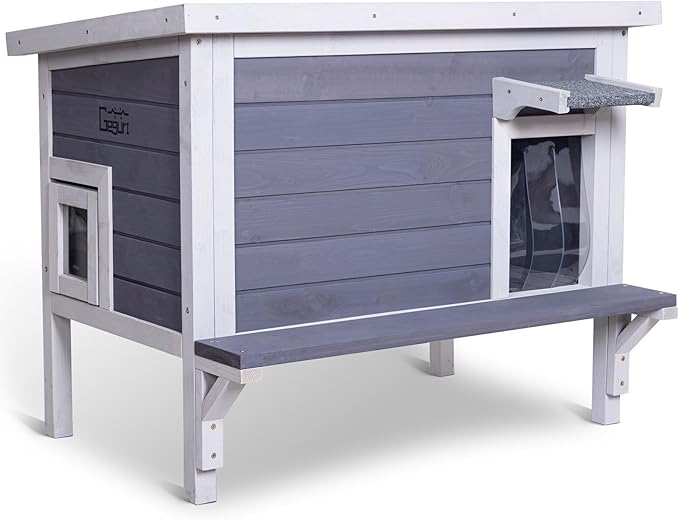 GEGURI Insulated Cat House Outdoor Weatherproof Feral Cat Shelter for Winter Large Wooden Enclosure with Escape Door