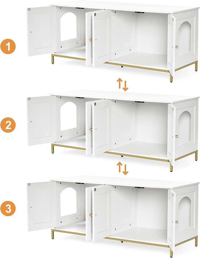 Homhedy Cat Litter Box Enclosure for 2 Cats, Cat Washroom Furniture with Double Room, Pet House with Metal Frame, 47.2”L x 17.7”W x 21.7”H, White and Gold