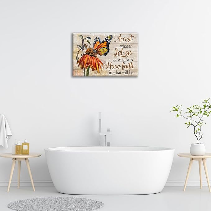 Farmhouse Butterfly Bathroom Pictures Wall Art, Rustic Floral Country Bathroom Wall Decor, Daisy Inspirational Framed Painting Canvas Artwork for Bedroom Living Room Decorations 24"L x 16"W