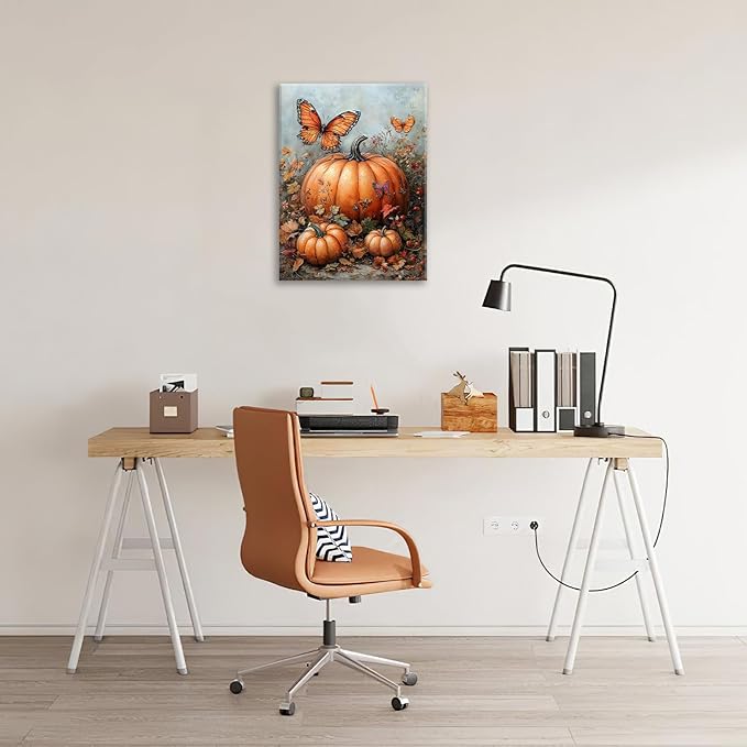 Fall Pumpkin Pictures Wall Art, Rustic Thanksgiving Bathroom Wall Decor, Farmhouse Autumn Butterfly Framed Painting Canvas Artwork for Harvest Gift Bedroom Living Room Decorations 16"L x 12"W
