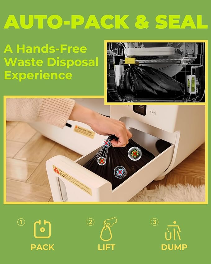 Furbulous True Odor-Free Self Cleaning and Packing Litter Box, Automatic Cat Litter Box with Self-Pack and Refill System, APP Control, Includes Trash Bags, Extra Large Space for 3.3-22 lbs Cats