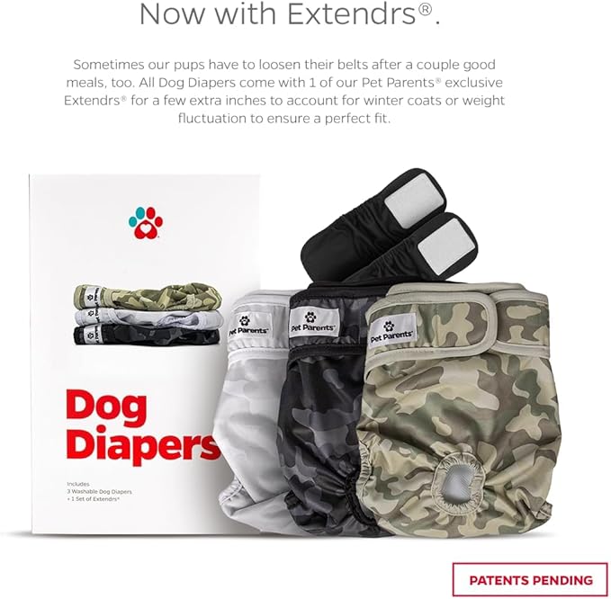 Pet Parents® Washable Dog Diapers (3pack) + Extendrs® of Durable Doggie Diapers, Premium Dog Diapers Female & Male (X-Small, Camo)