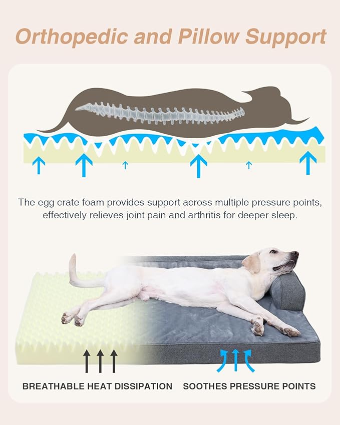 KSIIA Orthopedic Dog Bed for Large Sized Dog,Washable Pet Sofa with U-Shaped Bolster Removable Waterproof Cover Non-Slip Bottom and Egg-Crate Orthopedic Foam Pet Couch Bed, 41 x 27 Inch, Dark Gray
