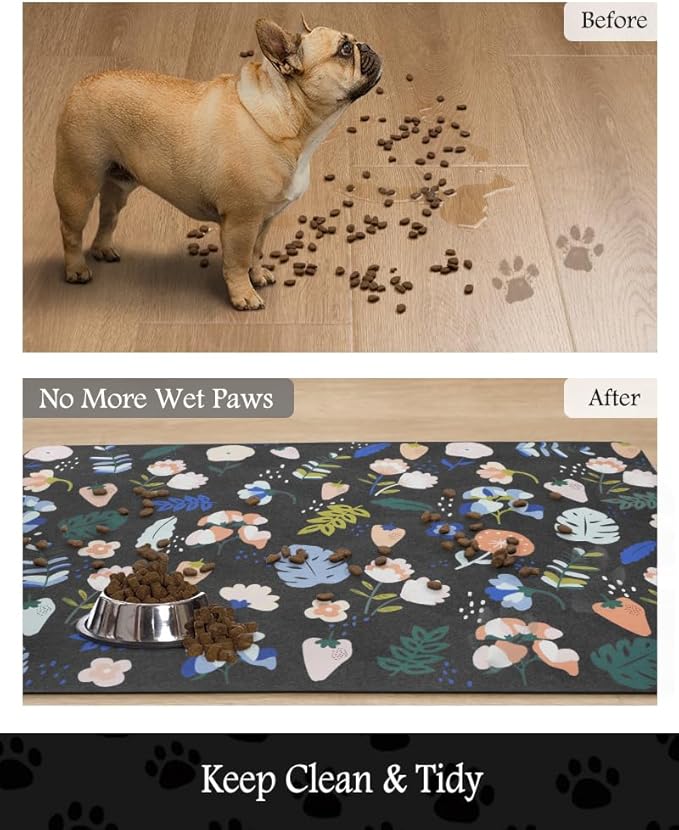 Pet Feeding Mat-Absorbent Dog Mat for Food and Water Bowl-No Stains Quick Dry Water Dispenser Mat-Dog Accessories Pet Supplies-Bowl for Messy Drinkers(DARKFLOWERS,16"x24"