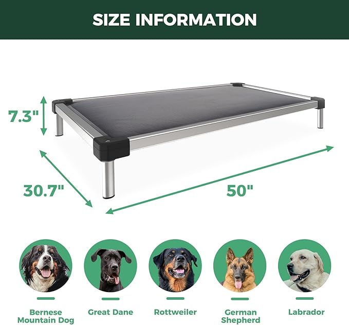 FXW TitanNest Chew-Proof Elevated Dog Bed, Raised Cot for Indoor/Outdoor/Camping Use, Durable & Washable Padded Pet Bed for Large Dogs, 50.0" L x 31.0" W x 7.3" H, Gray