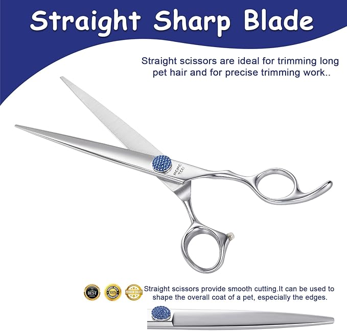 7.5'' Dog Grooming Scissors Set with Blue Diamond Adjustable Screws CNC 440C Stainless Steel Thinner Chunker Straight Curved Shears with Comb Sharp and Durable