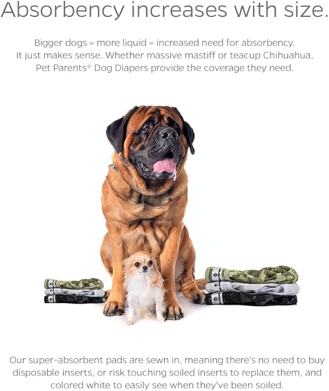 Pet Parents® Washable Dog Diapers (3pack) + Extendrs® of Durable Doggie Diapers, Premium Dog Diapers Female & Male (X-Small, Camo)