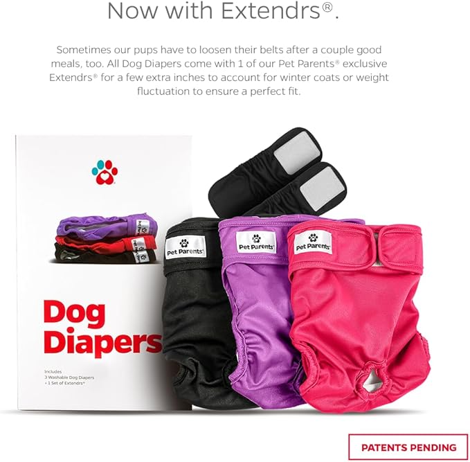 Pet Parents® Washable Dog Diapers (3pack) + Extendrs® of Durable Doggie Diapers, Premium Dog Diapers Female (X-Small, Princess)