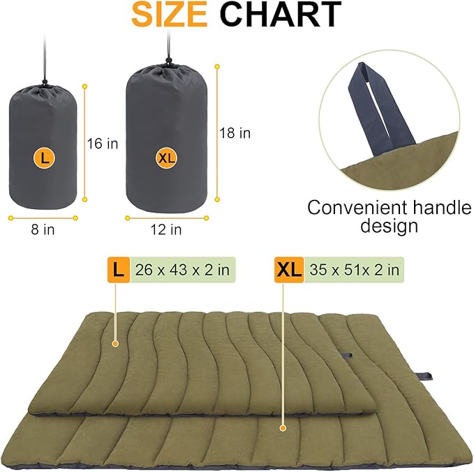 BEAUTYZOO Outdoor Dog Bed Waterproof, Camping Dog Bed Reversible, Portable Travel Bed with Carry Bag- Machine Washable, Durable, Foldable Outdoor Pet Bed Mat for Medium Large Dogs 26” x 43“ Green