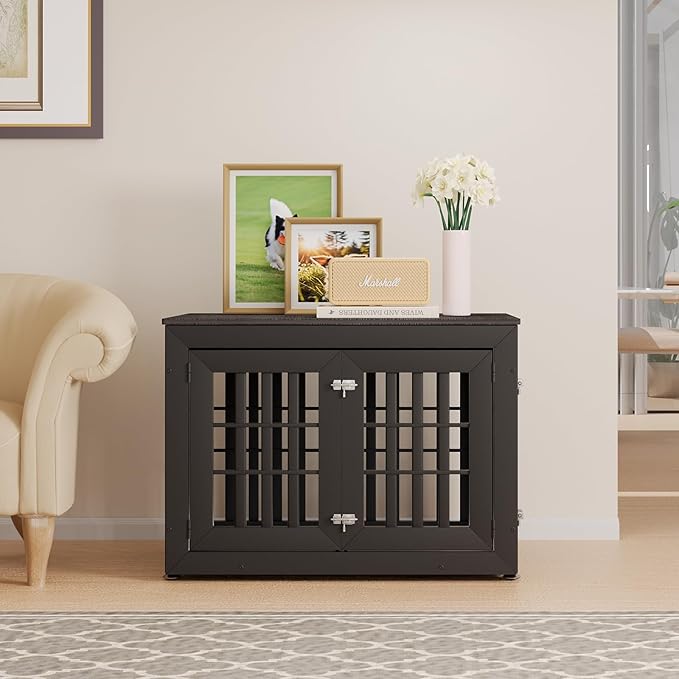 38" Heavy Duty Dog Crate Furniture for Small,Medium and Large Dogs,Rustic Wooden Dog Cage Kennel Indoor Furniture with Waterproof Top,Decorative Pet House Side End Table (Black & Grey)