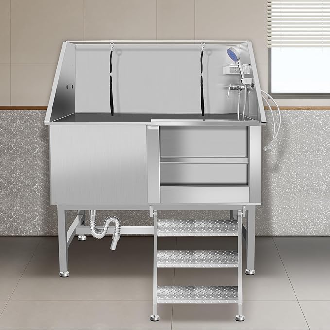 50" Pet Dog Bathing Station W/Ramp, Professional Stainless Steel Dog Grooming Tub W/Soap Box, Faucet,Rich Accessory, Dog Bathtub for Large,Medium,Small Pets, Washing Sink for Home (50" Right ramp)
