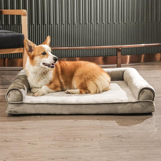 Amazon Basics Dog Bed with Cooling Gel Memory Foam, Pressure-Relief Support for Dogs up to 30lbs, Non-Slip Bottom, Machine Washable Cover, Medium Sized (30" x 20"), Brown