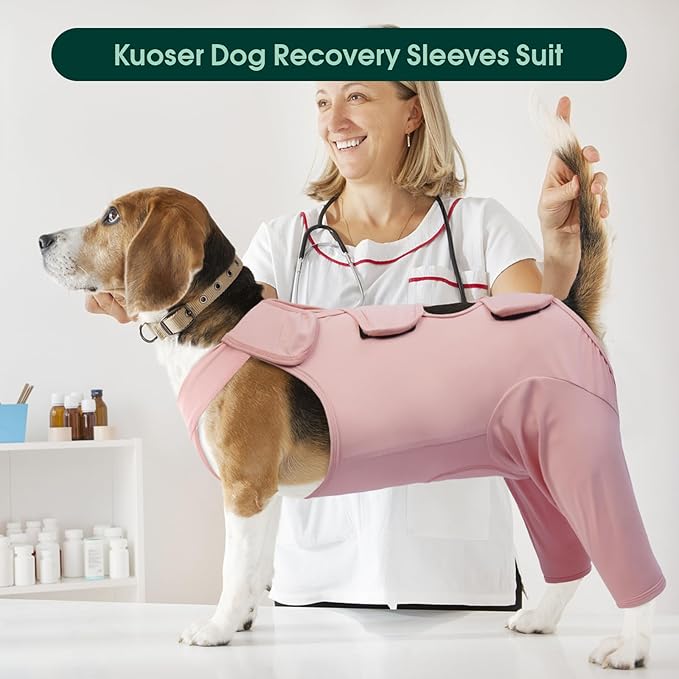 Kuoser Dog Recovery Suit for Back Legs, Thigh Wound Protective Sleeve for Dogs, Dog Recovery Sleeve for Female Male Dogs, Dog Onesie After Surgery Pet Surgical Suit for Spay Neuter, Pink L