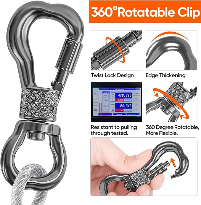 Tresbro 15FT Reflective Tie Out Cable for Dogs Up to 250 Pounds, Steel Wire Lead Leash Cable with Stainless Dual Fix Buckle, Lightweight and Enduring, Dog Chains Outside for Outdoor,Yard,Camping