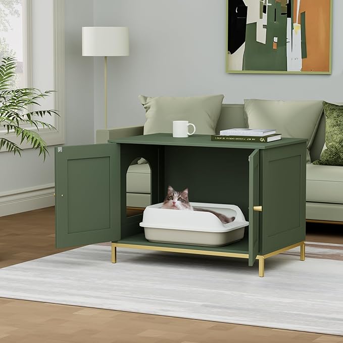 Homhedy Cat Litter Box Enclosure, Cat Washroom Furniture with Metal Frame, Pet House, Fit Most of Litter Box, Modern Style, Green and Gold