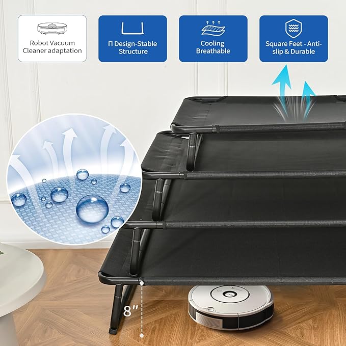 Cooling Elevated Dog Bed, Raised Outdoor Dog Bed Waterproof Pet Beds Cots Stable and Easy Assembly, Teslin Fabric with 1.2mm Thick Iron Frame, Breathable, Ultra-Sturdy,Black, 42 * 28 * 7.9