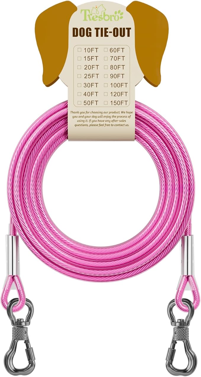 Tresbro 70FT Reflective Tie Out Cable for Dogs Up to 250 Pounds, Steel Wire Lead Leash Cable with Stainless Rotatable Buckle, Lightweight and Enduring, Dog Chains Outside for Outdoor, Yard, Pink