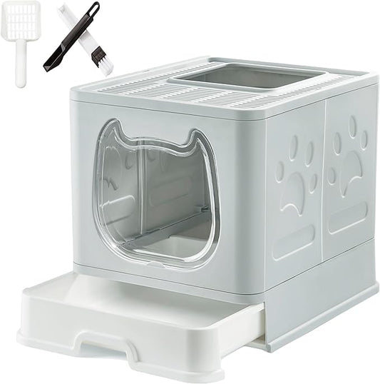 Gefryco Litter Box with Lid for Small to Medium Cats, Enclosed Cat Litter Box with Cover,High Sided Top Entry Cat Box with Brush and Scoop, Cute Kitty Litter Pan with Drawer for Growing Kittens(Grey)