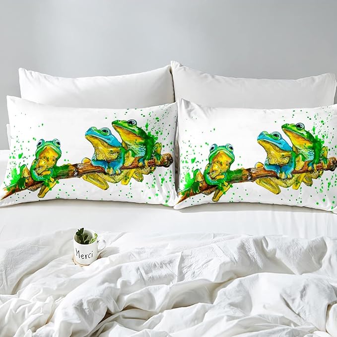 Erosebridal Cartoon Frog Comforter Set Queen Size, Green Tie Dye Down Comforter, Tree Branch Quilted Duvet,Animal Soft Duvet Insert for Kid Adult, White Room Decor Reversible All Season