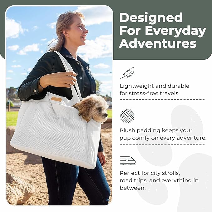 Corduroy Dog Carrier - Lightweight Cotton Soft-Sided Pet Tote with Safety Harness Clip - Breathable Travel Carrier for Small Dogs and Puppies (White)