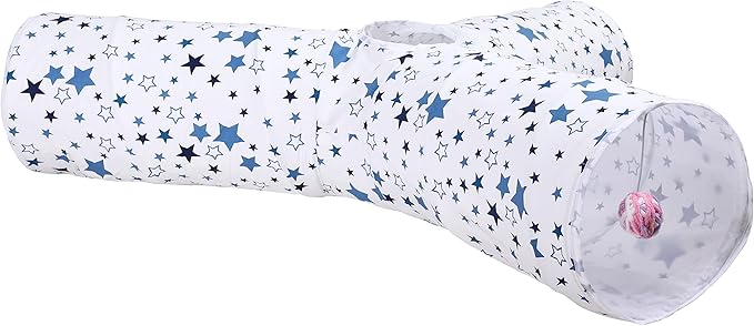 Cat Tunnel,Large Cat Tunnel for Indoor Cat, Kitten Toys Collapsible 3 Ways Play Toy, Pet Tube Hideaway Tunnel with Ball for Cats Rabbits Kittens (White Blue Star Large)