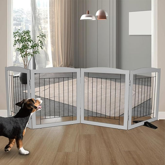 ZJSF Freestanding Dog Fence Indoor, Foldable Dog Gate for Doorways, Stairs or Hallways, Sturdy Wood Extra Wide Pet Gate with Support Feet for The House, Grey, 24 "Height-4 Panels
