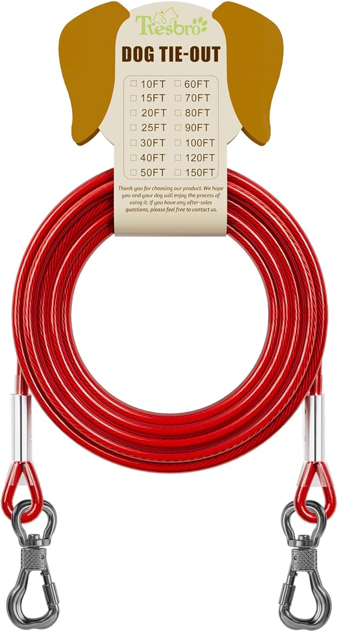 Tresbro 60FT Red Reflective Tie Out Cable for Dogs Up to 250 Pounds, Steel Wire Lead Leash with Stainless Rotatable Buckle, Lightweight and Enduring, Dog Chains Outside for Outdoor,Yard,Camping
