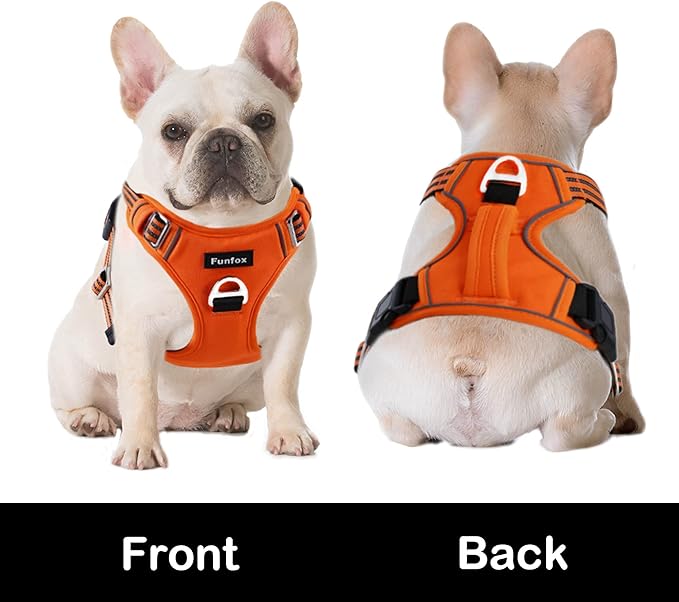 Funfox Dog Harness No Pull, Adjustable Pet Vest Harness, Super Soft Material with Vertical Handle Easy Control, Reflective Night Walking, 2 Leash Clips for Medium Sized Dogs, Orange, M