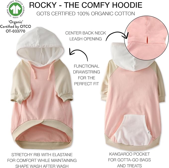 Rocky – The Orginal Lightweight Hooded TEE 100% Organic Cotton Dog Hoodie Pet Coat Sweater for Small, Medium, Large Dogs, Pink Color Block, XX-Small