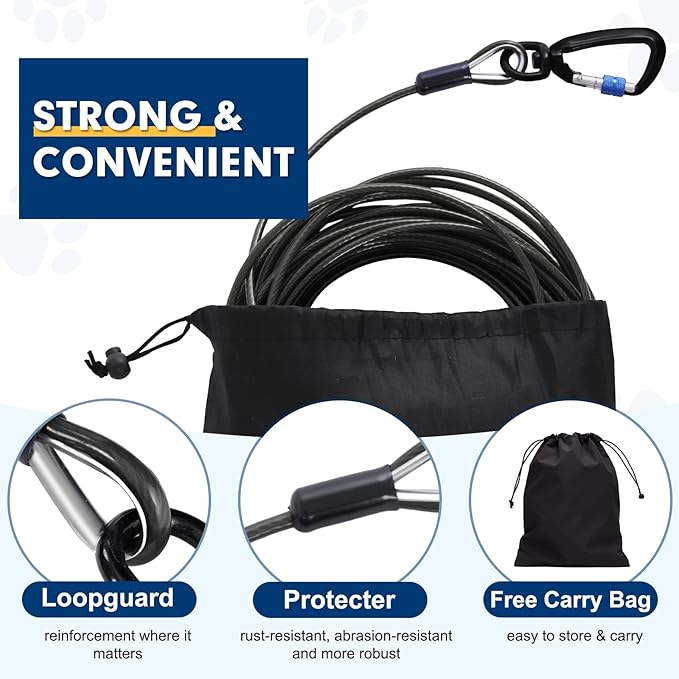 Snagle Paw Dog Leads for Yard 70FT-1000LBS Break Strength,Heavy Duty Tie Out Cable for Dogs with Swivel Lockable Hook & Spring,Chew Proof Dog Chain for Outside,Dog Run Cable for Medium Large Dogs