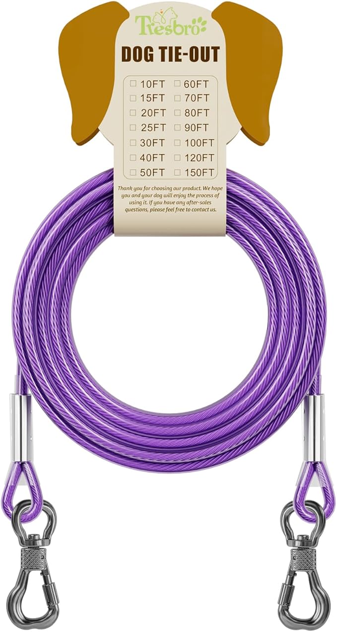 Tresbro 70FT Reflective Tie Out Cable for Dogs Up to 250 Pounds, Steel Wire Lead Leash Cable with Stainless Rotatable Buckle, Lightweight and Enduring, Dog Chains Outside for Outdoor, Yard, Purple