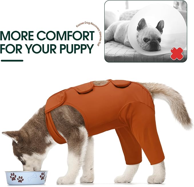 Kuoser Dog Surgery Recovery Suit for Rear Legs, Thigh Wound Protective Sleeve for Dogs, Dog Recovery Sleeve for Female Male Dogs, Dog Onesie After Surgery Pet Surgical Suit for Spay Neuter, Brown S
