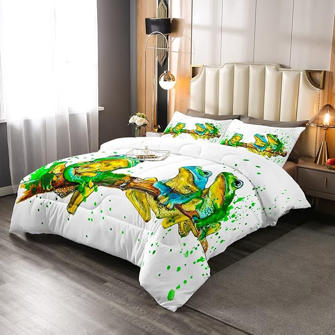 Erosebridal Cartoon Frog Comforter Set Queen Size, Green Tie Dye Down Comforter, Tree Branch Quilted Duvet,Animal Soft Duvet Insert for Kid Adult, White Room Decor Reversible All Season