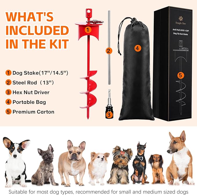 Snagle Paw Dog Tie Out Stake with Lock-Cap Prevents Pulling Out - Heavy Duty 360°Swivel Dog Stake for Outside,Yard, Beach & Camping - Rust Proof Ground Anchor for Dog Cable,Leash,Tether,up to 220 lbs