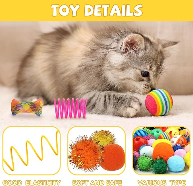 Kitten Toys, 60PCS Cat Balls Springs Toy Set, Cat Mouse Toy, Kitten Sparkle Crinkle Balls Furry Soft Pom Pom