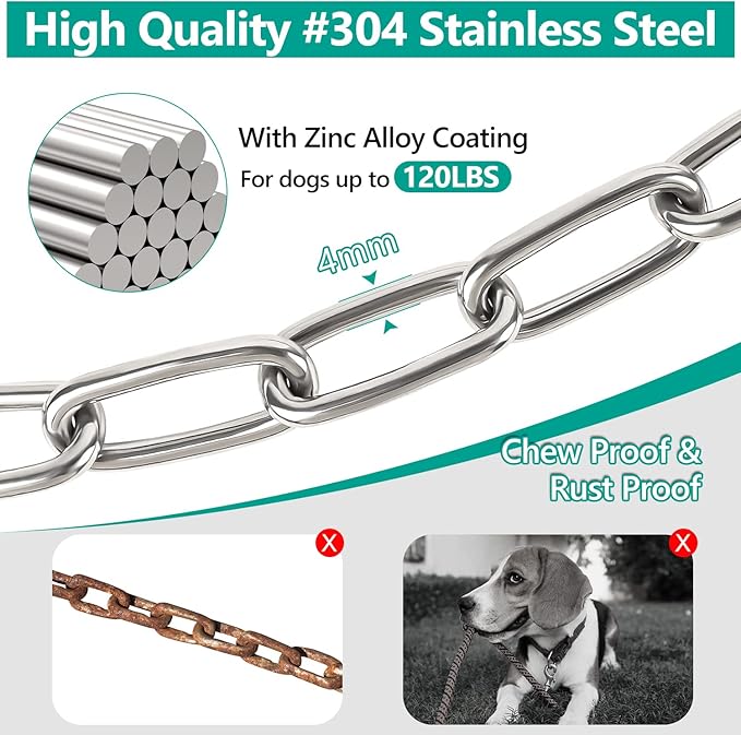 Tresbro Heavy Duty Dog Chains for Outside, 15FT Stainless Steel Tie Out Cable with Swivel Hook for Large Medium Dogs, Metal Chew Proof Pet Runner Chain Leash Lead for Outdoor Camping Hiking Yard, 4MM