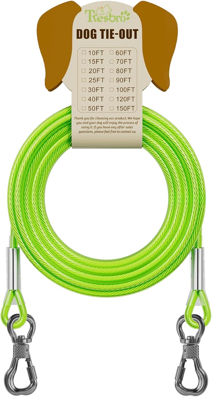 Tresbro 50FT Reflective Tie Out Cable for Dogs Up to 250 Pounds, Steel Wire Dog Leash Cable with Stainless Rotatable Buckle, Lightweight and Enduring, Dog Chains Outside for Outdoor Yard, Green