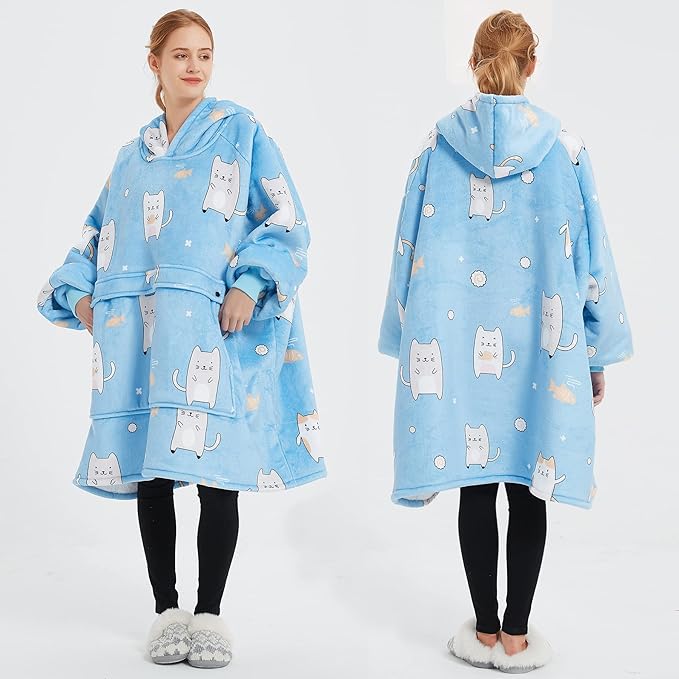 KFUBUO Wearable Blanket Hoodie for Adults Sherpa All Patterns Blue Cat Oversized Sweatshirt Blanket with Pockets Cute Gifts for Women