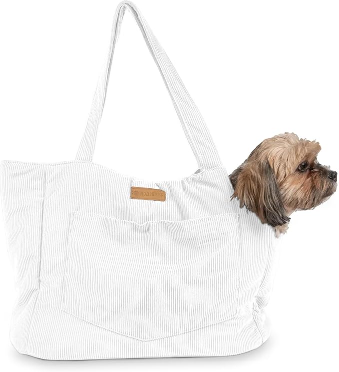 Corduroy Dog Carrier - Lightweight Cotton Soft-Sided Pet Tote with Safety Harness Clip - Breathable Travel Carrier for Small Dogs and Puppies (White)