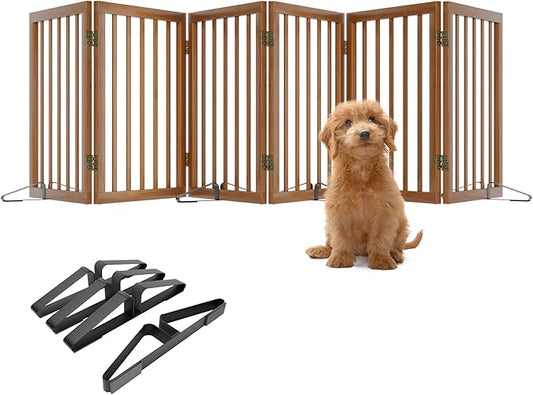 Freestanding Pet Gate Foldable Dog Gate (110 inches Wide) Walnut Bamboo Dog Gates for Stair Doorways House Puppy Fences Indoor (4 Support Feet Included)
