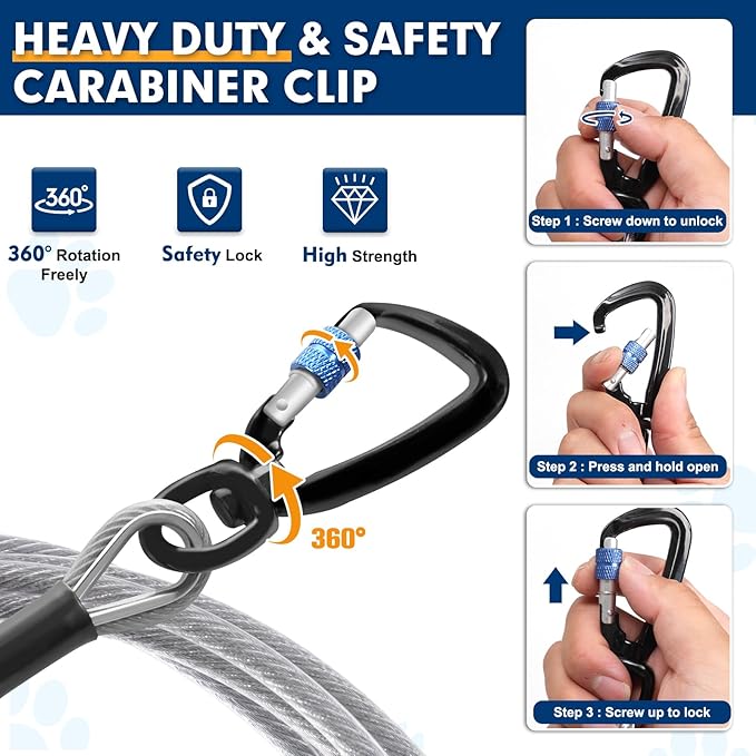 Snagle Paw Dog Tie Out Cable 30FT-1000LBS Break Strength,Heavy Duty Dog Leads for Yard with Shock Absorbing Spring & Swivel Hook,Long Leash Cable for Outdoor Tethering,Dog Line for Small Large Dogs