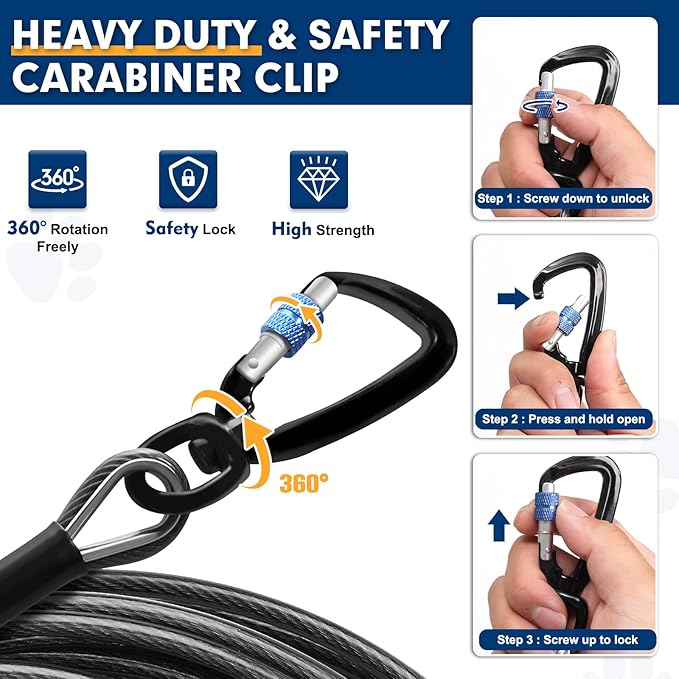 Snagle Paw Dog Leads for Yard 70FT-1000LBS Break Strength,Heavy Duty Tie Out Cable for Dogs with Swivel Lockable Hook & Spring,Chew Proof Dog Chain for Outside,Dog Run Cable for Medium Large Dogs