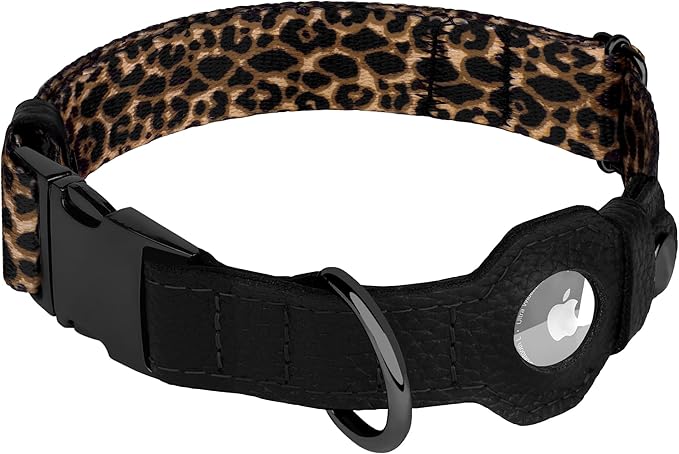 AirTag Dog Collar for Small Medium Large Breed - Adjustable Cute Pattern Dog Collar with Airtag Holder - Soft Leather Tracker GPS Apple Air Tag Pet Collars (X-Large, 20"-25" Neck Fit, Leopard)